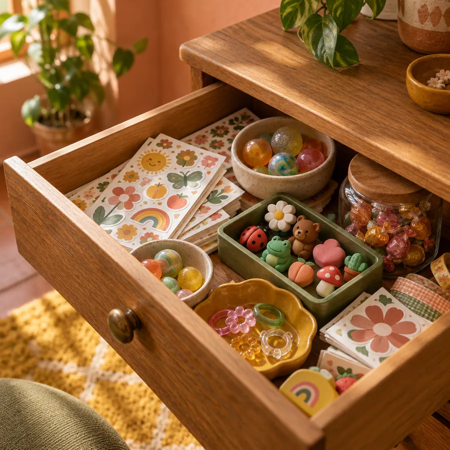An open wooden drawer full of sticker sheets, small toys and bouncy balls