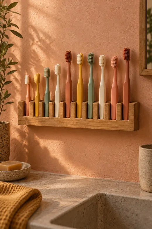 A wooden rack holding ten toothbrushes in terracotta, mustard, sage and cream