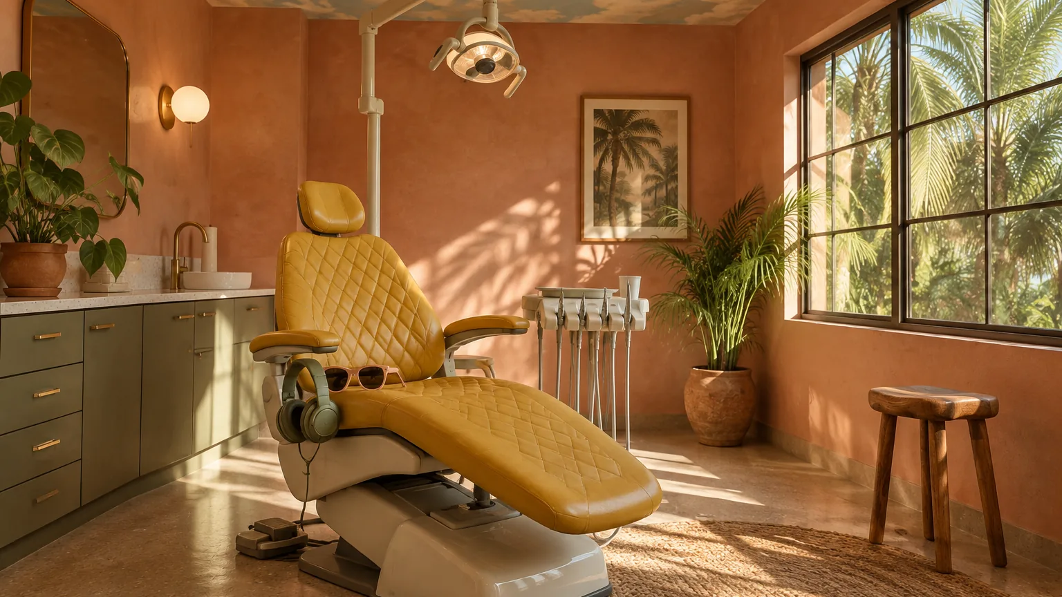 A warm dental exam room with a mustard-yellow chair, peach walls and palm shadows from the window