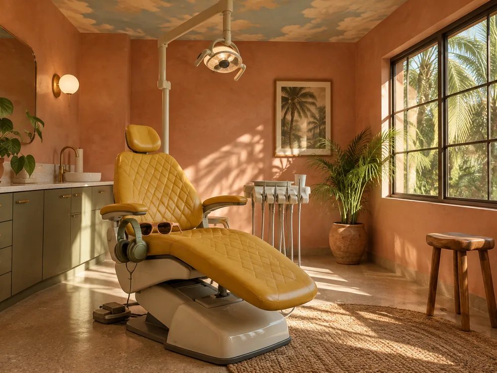 The mustard dental chair with headphones and child sunglasses on the armrest