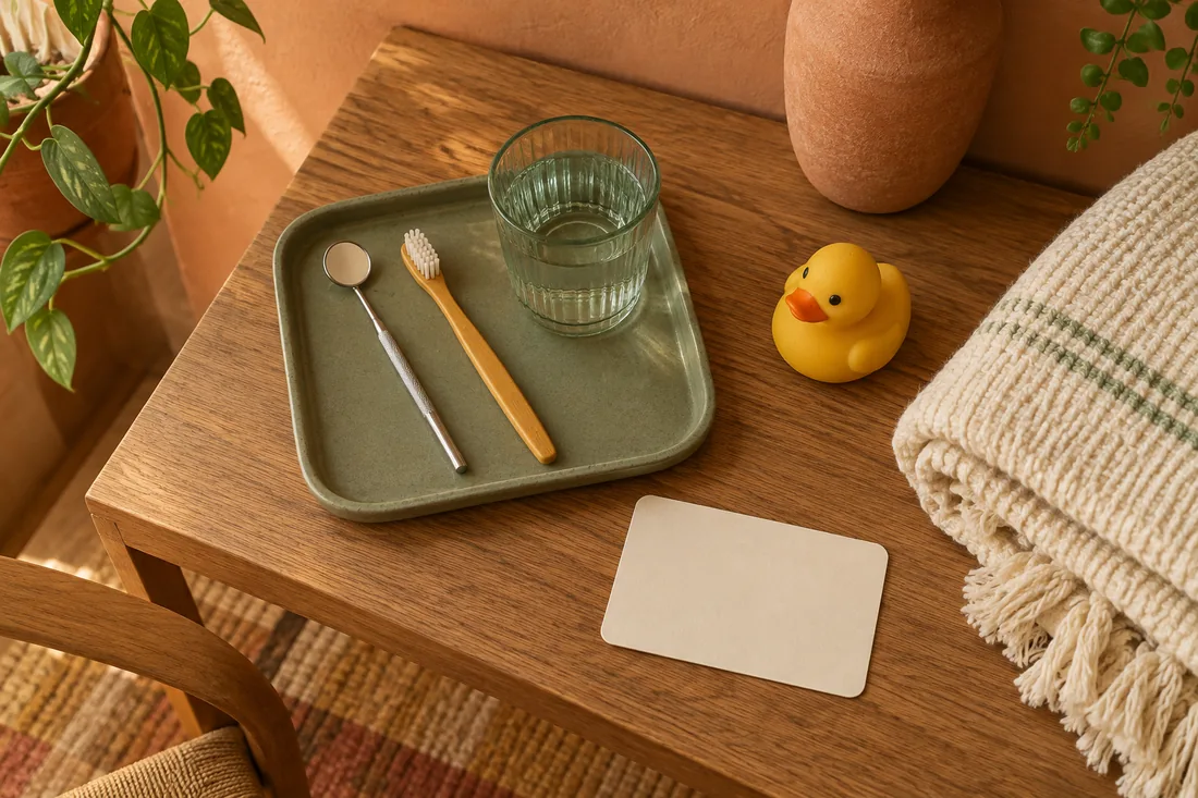 A tray with a dental mirror, a toothbrush and a glass of water next to a rubber duck and a folded blanket