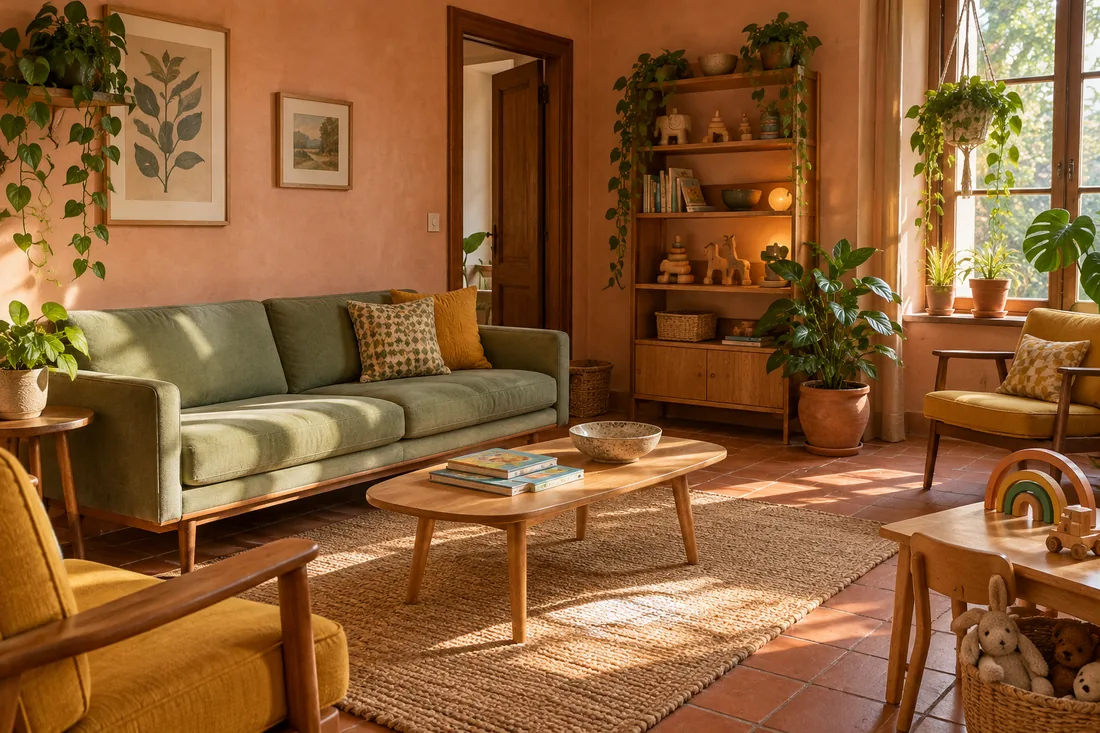 Waiting room with a sage-green sofa, plants, a toy shelf and terracotta floor